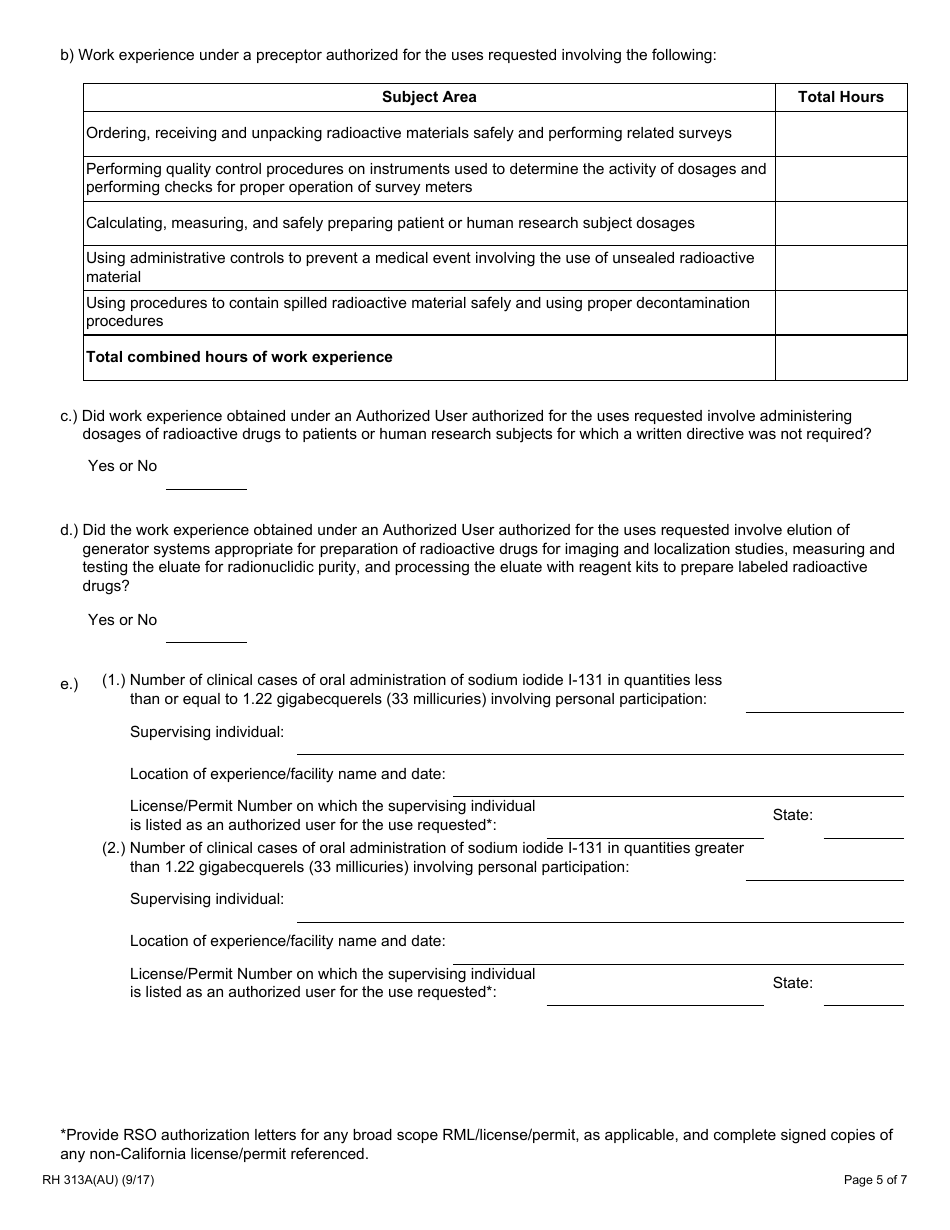 Form RH313A(AU) Radioactive Materials Authorized User Training and Experience and Preceptor Attestation - California, Page 5