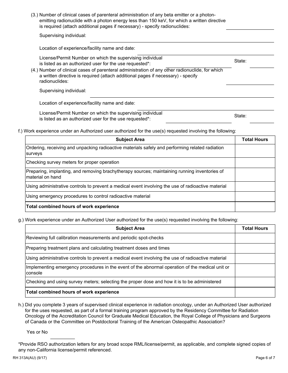 Form RH313A(AU) Radioactive Materials Authorized User Training and Experience and Preceptor Attestation - California, Page 6