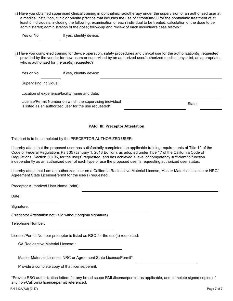 Form RH313A(AU) Radioactive Materials Authorized User Training and Experience and Preceptor Attestation - California, Page 7