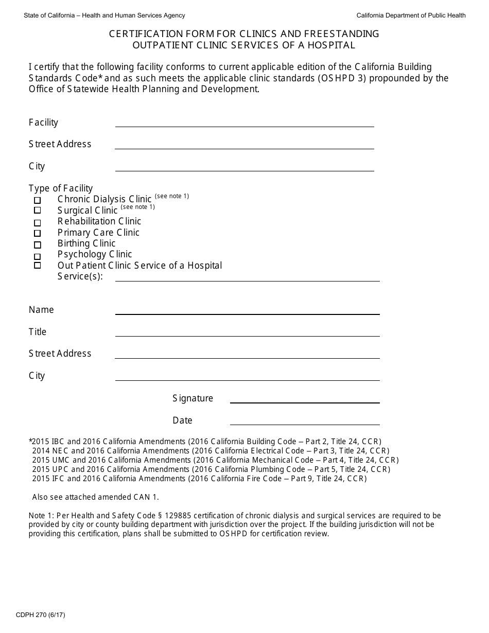 Form CDPH270 Certification Form for Clinics and Freestanding Outpatient Clinic Services of a Hospital - California, Page 1