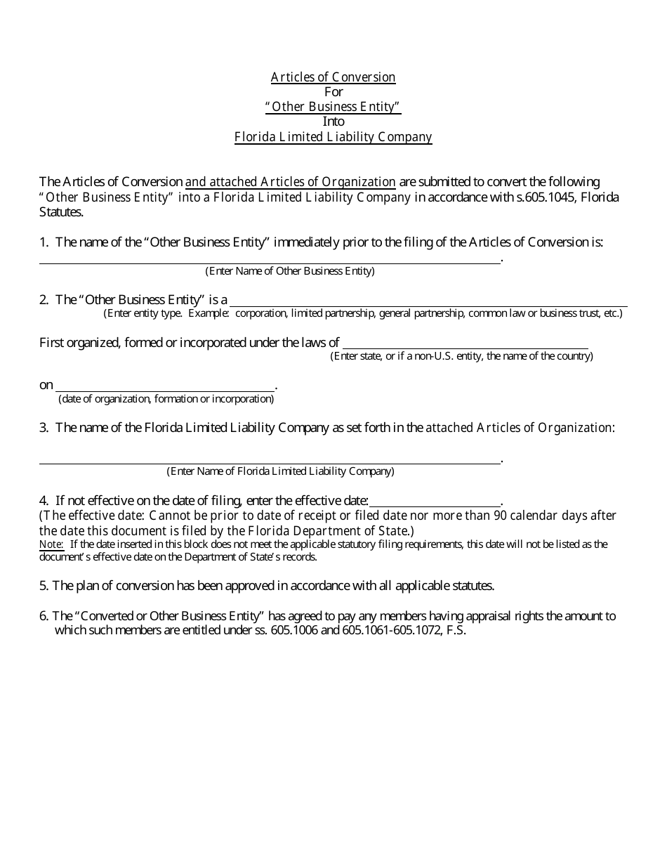 Form INHS11 Articles of Conversion for other Business Entity Into Florida Limited Liability Company - Florida, Page 3
