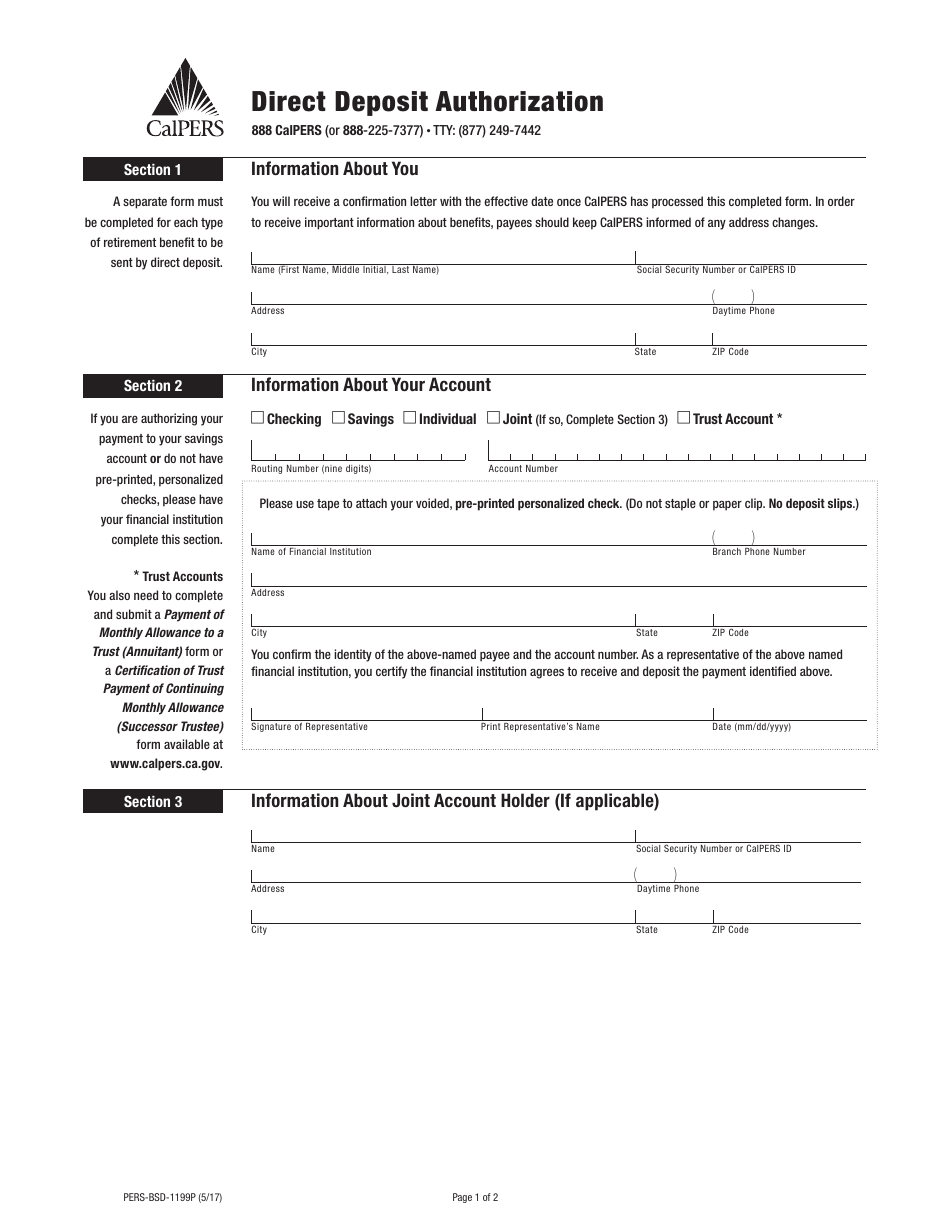 Form PERS-BSD-1199P Direct Deposit Authorization - California, Page 1