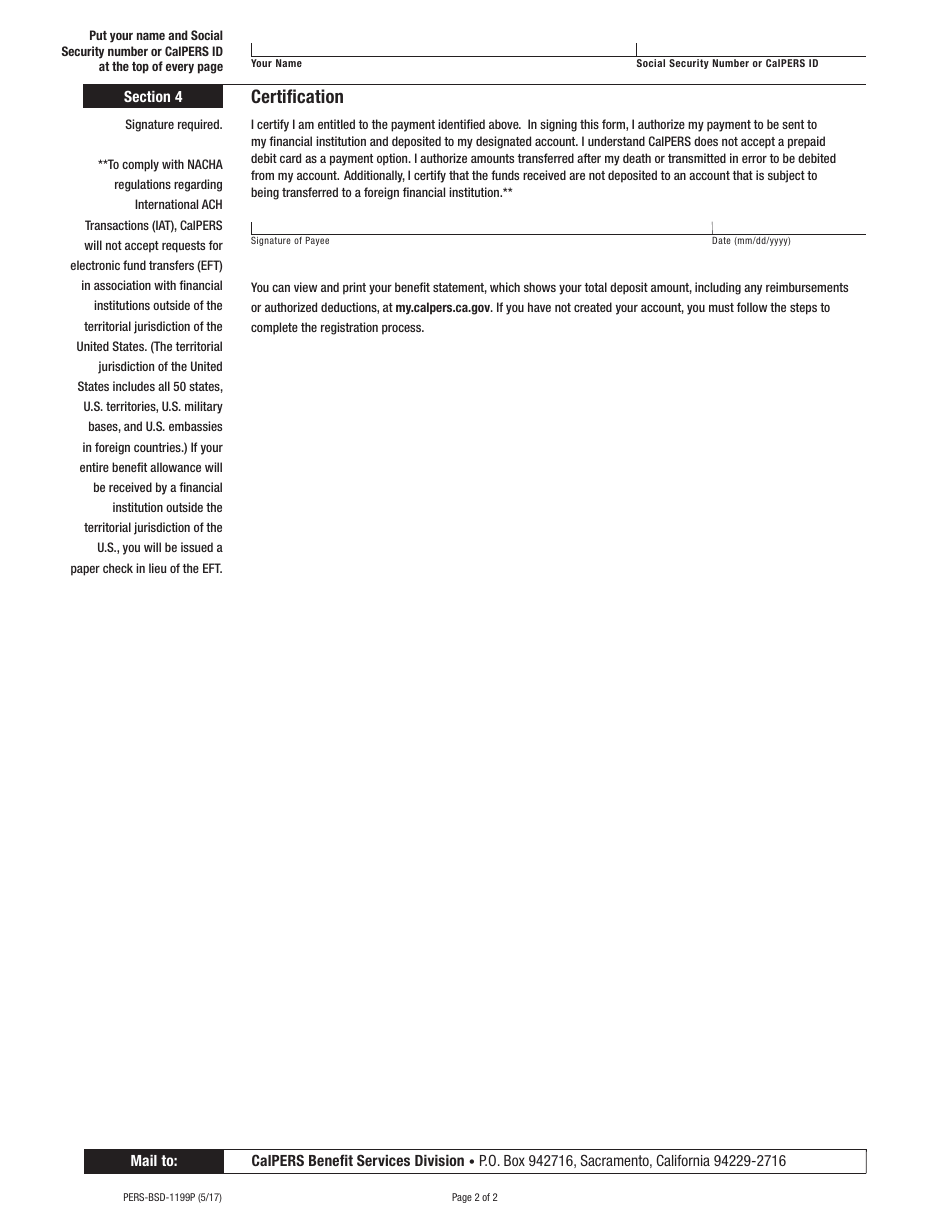 Form PERS-BSD-1199P Direct Deposit Authorization - California, Page 2