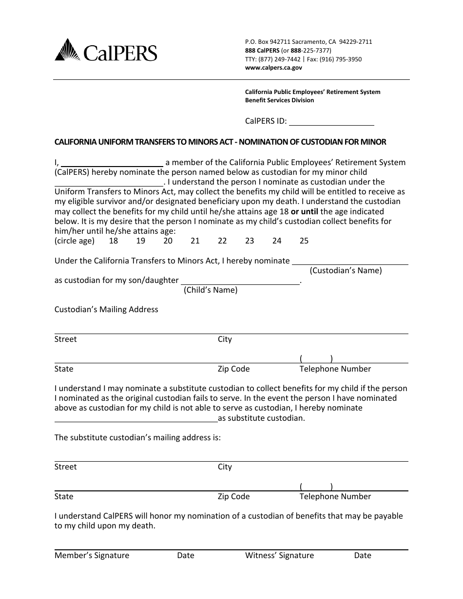 California Uniform Transfers to Minors Act - Nomination of Custodian for Minor - California, Page 1