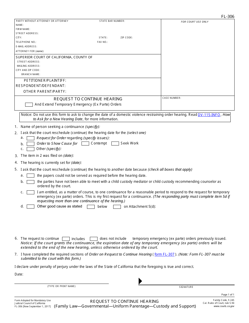 Form FL-306 Request to Continue Hearing - California, Page 1