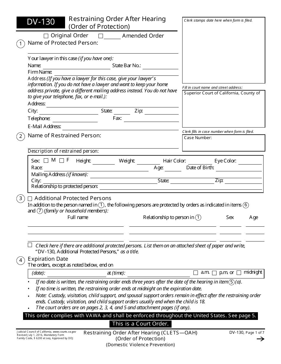 Form DV-130 Restraining Order After Hearing (Clets-Oah) - California, Page 1