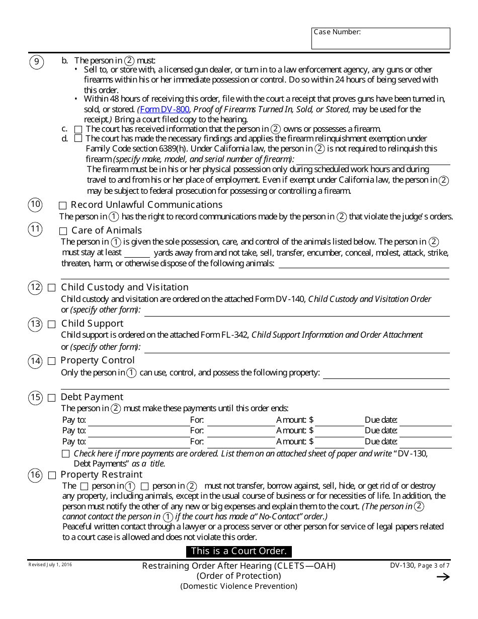 Form DV-130 Restraining Order After Hearing (Clets-Oah) - California, Page 3