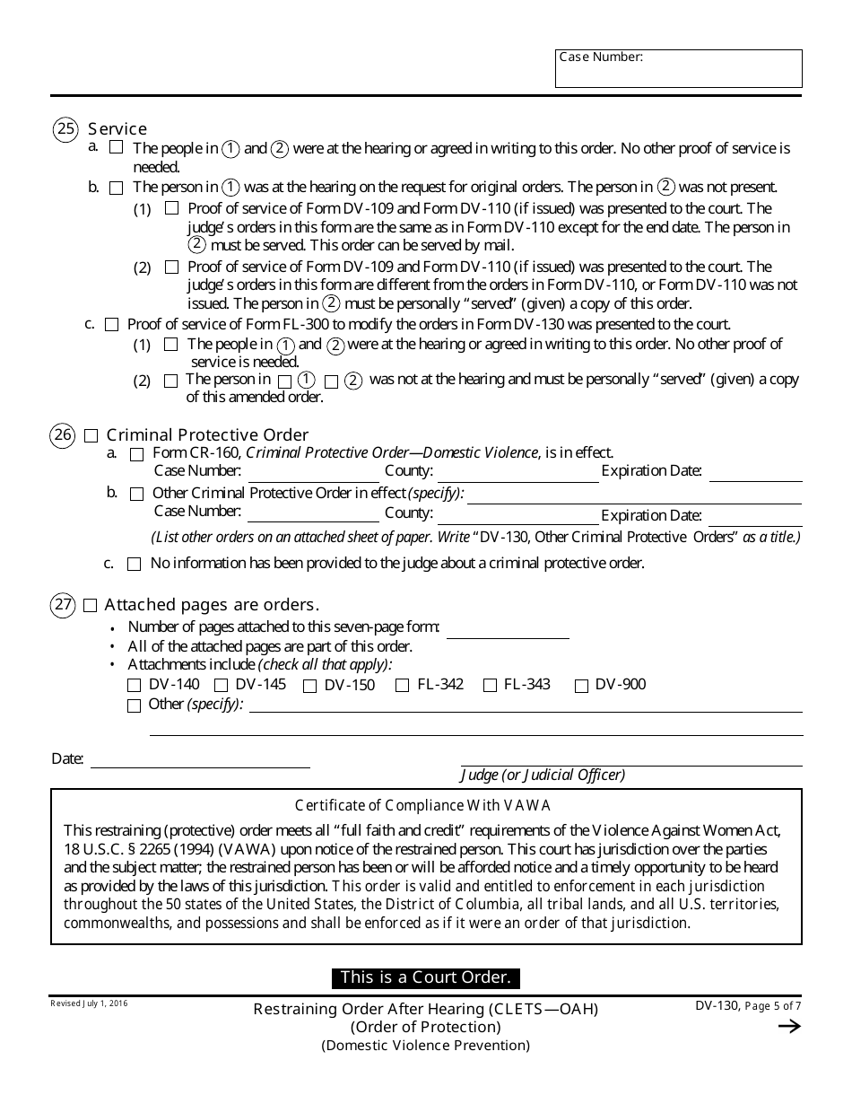 Form DV-130 Restraining Order After Hearing (Clets-Oah) - California, Page 5