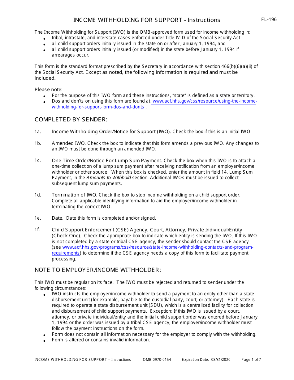 Download Instructions For Form Fl 195 Income Withholding For Support