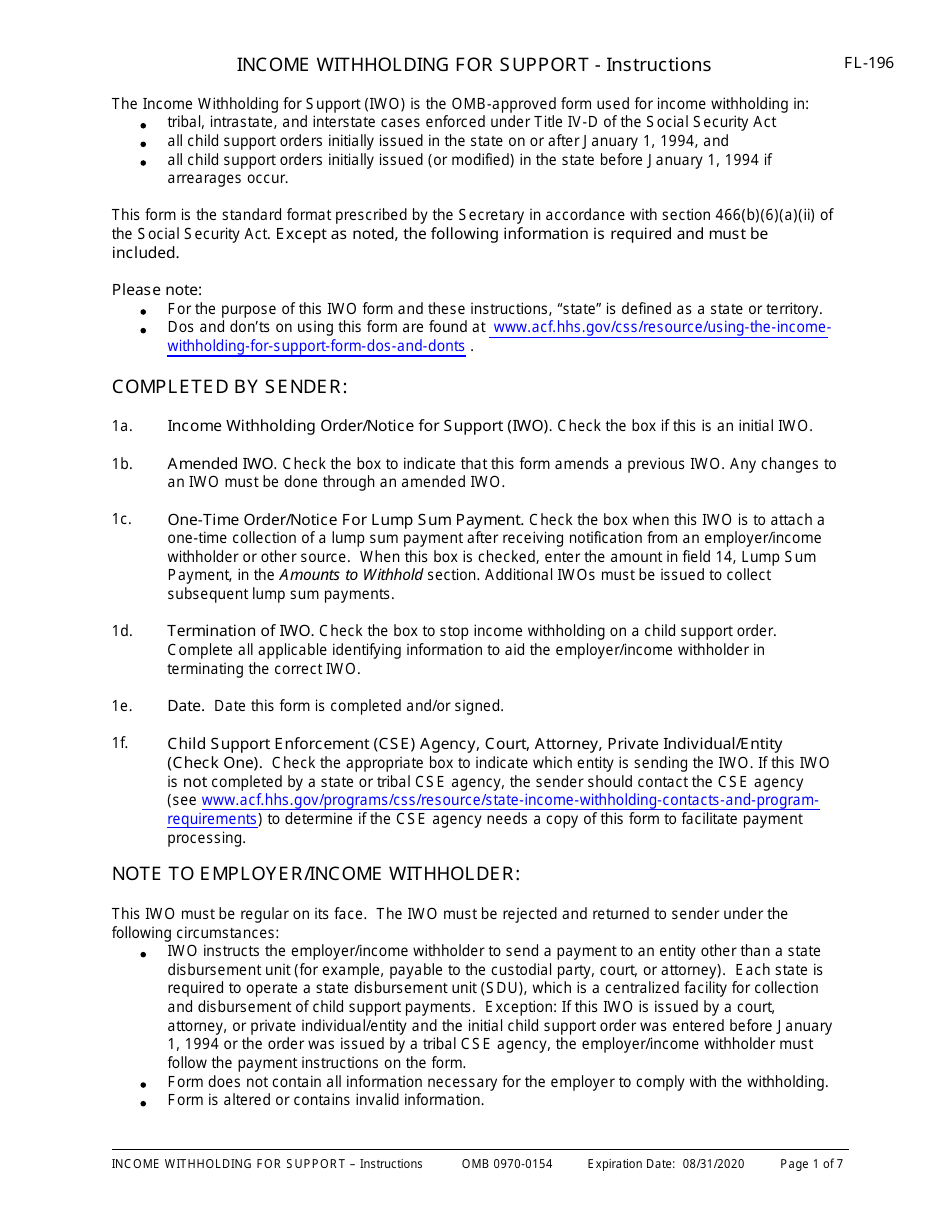 Instructions for Form FL-195 Income Withholding for Support - California, Page 1