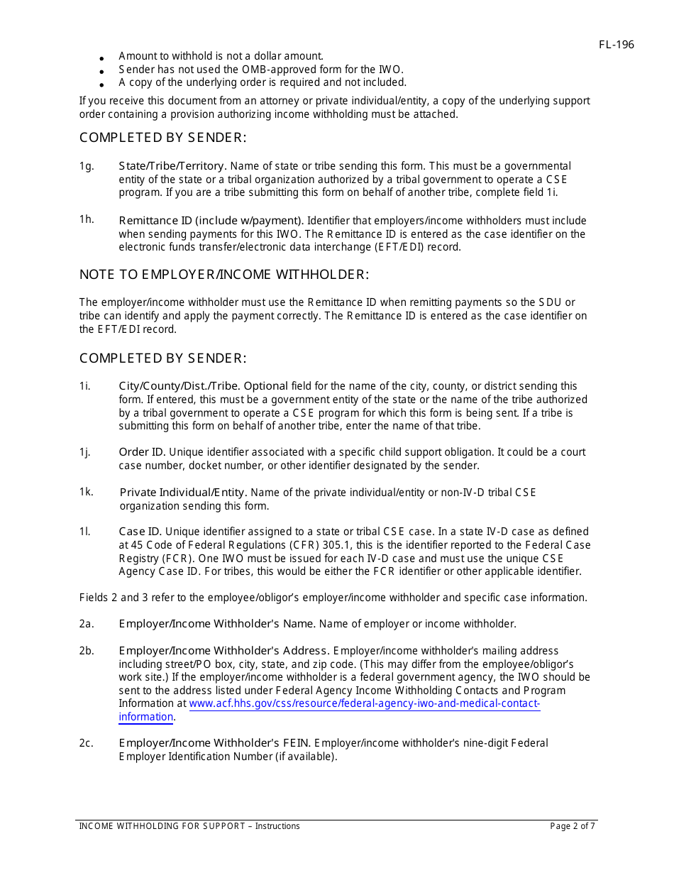 Instructions for Form FL-195 Income Withholding for Support - California, Page 2