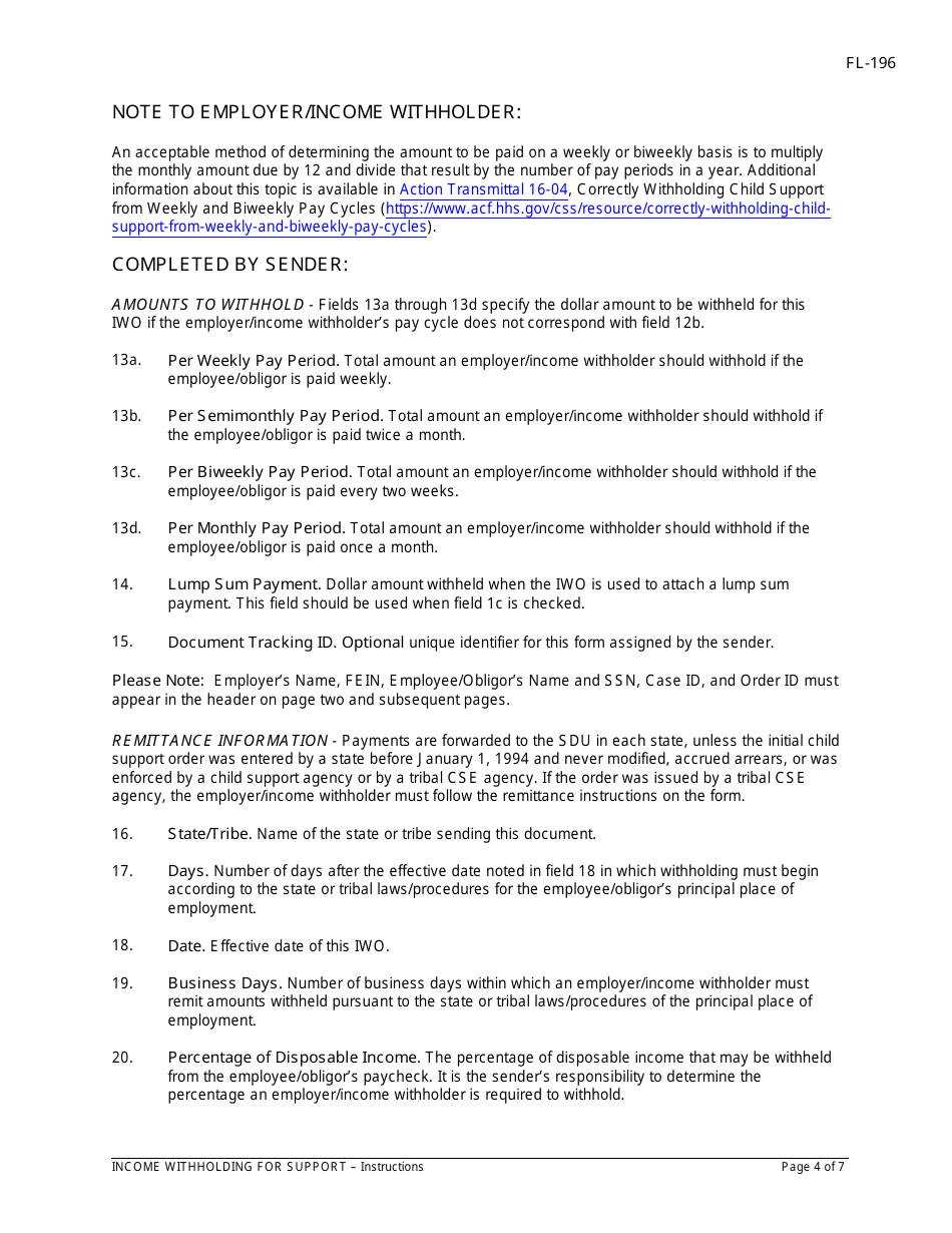 Instructions for Form FL-195 Income Withholding for Support - California, Page 4