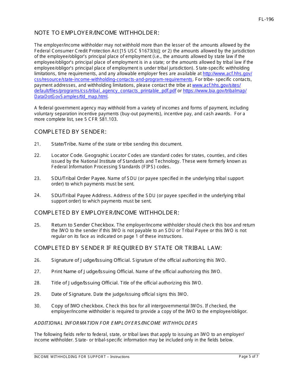 Instructions for Form FL-195 Income Withholding for Support - California, Page 5