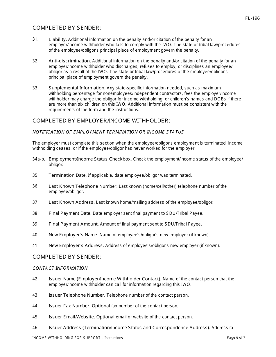 Instructions for Form FL-195 Income Withholding for Support - California, Page 6