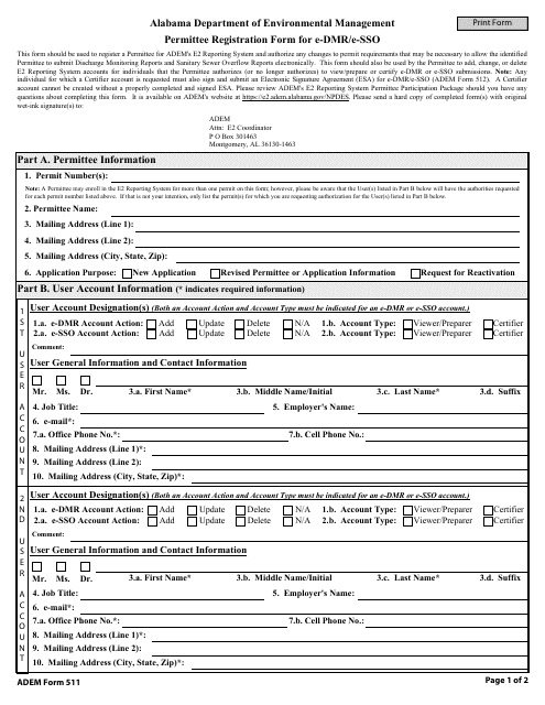 ADEM Form 511 Permitee Registration Form for E-Dmr/E-Sso - Alabama