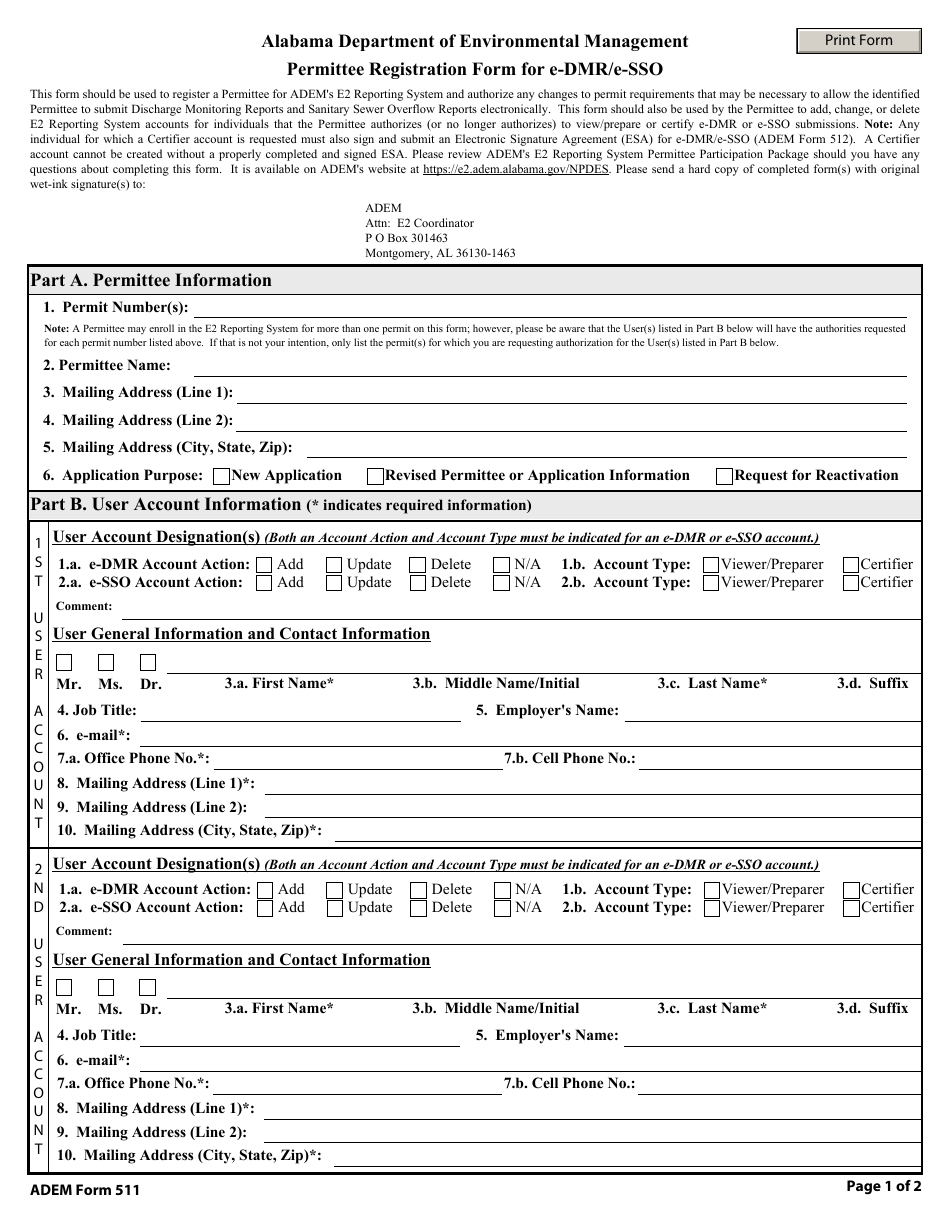 ADEM Form 511 Permitee Registration Form for E-Dmr / E-Sso - Alabama, Page 1