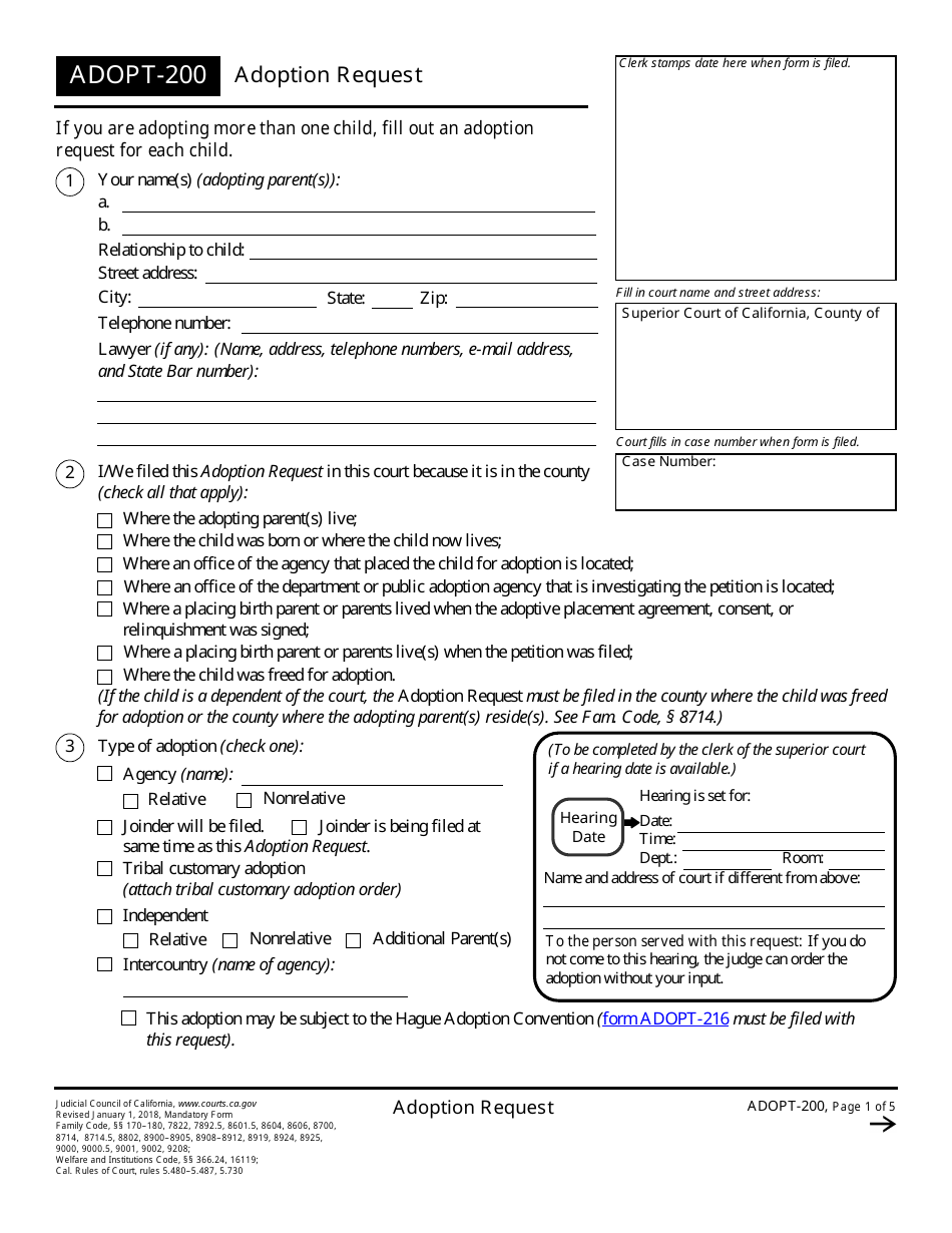 Form ADOPT-200 Adoption Request - California, Page 1