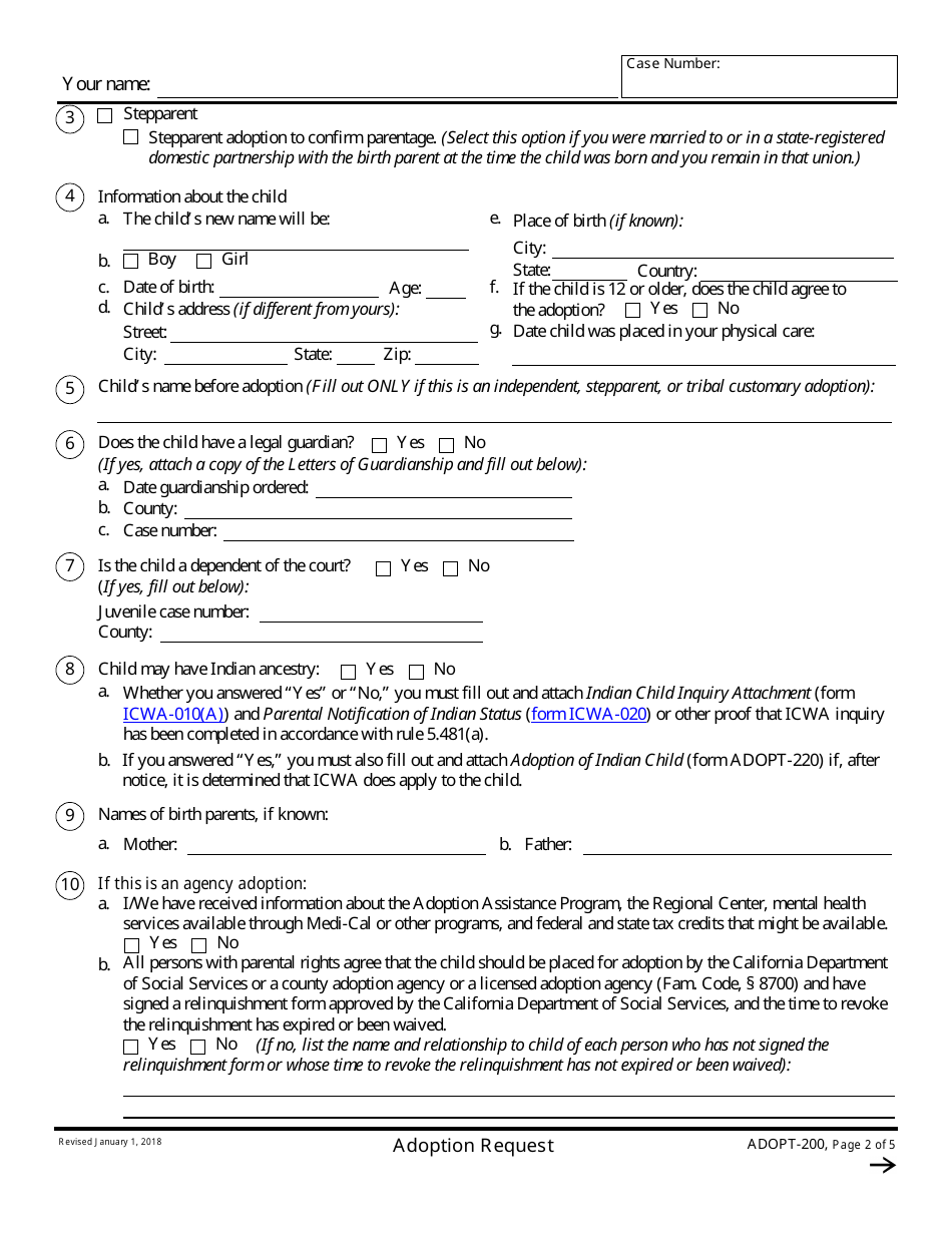 Form ADOPT-200 Adoption Request - California, Page 2