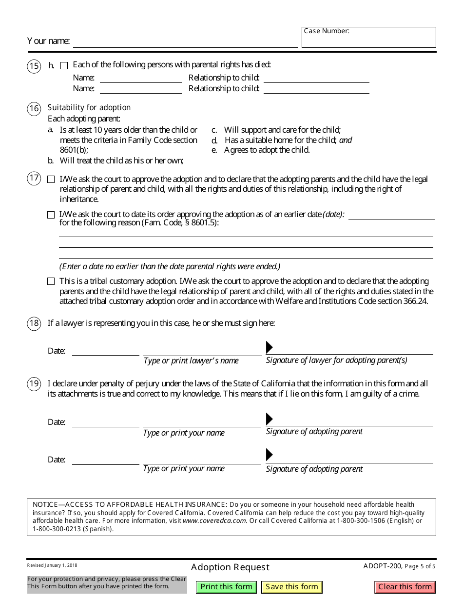 Form ADOPT-200 Adoption Request - California, Page 5