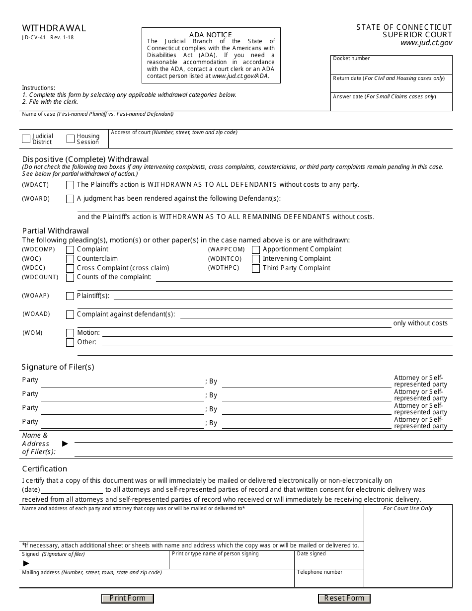 Form JD-CV-41 Withdrawal - Connecticut, Page 1