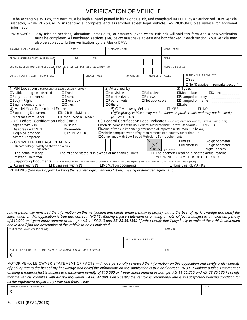 Form 811 Verification of Vehicle - Alaska, Page 1