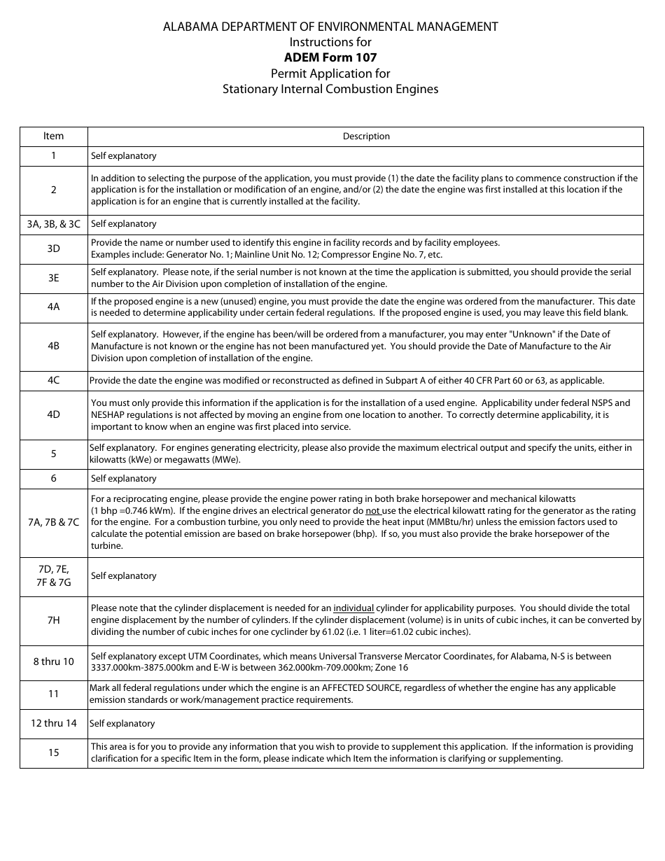 ADEM Form 107 Permit Application for Stationary Internal Combustion Engines - Alabama, Page 1