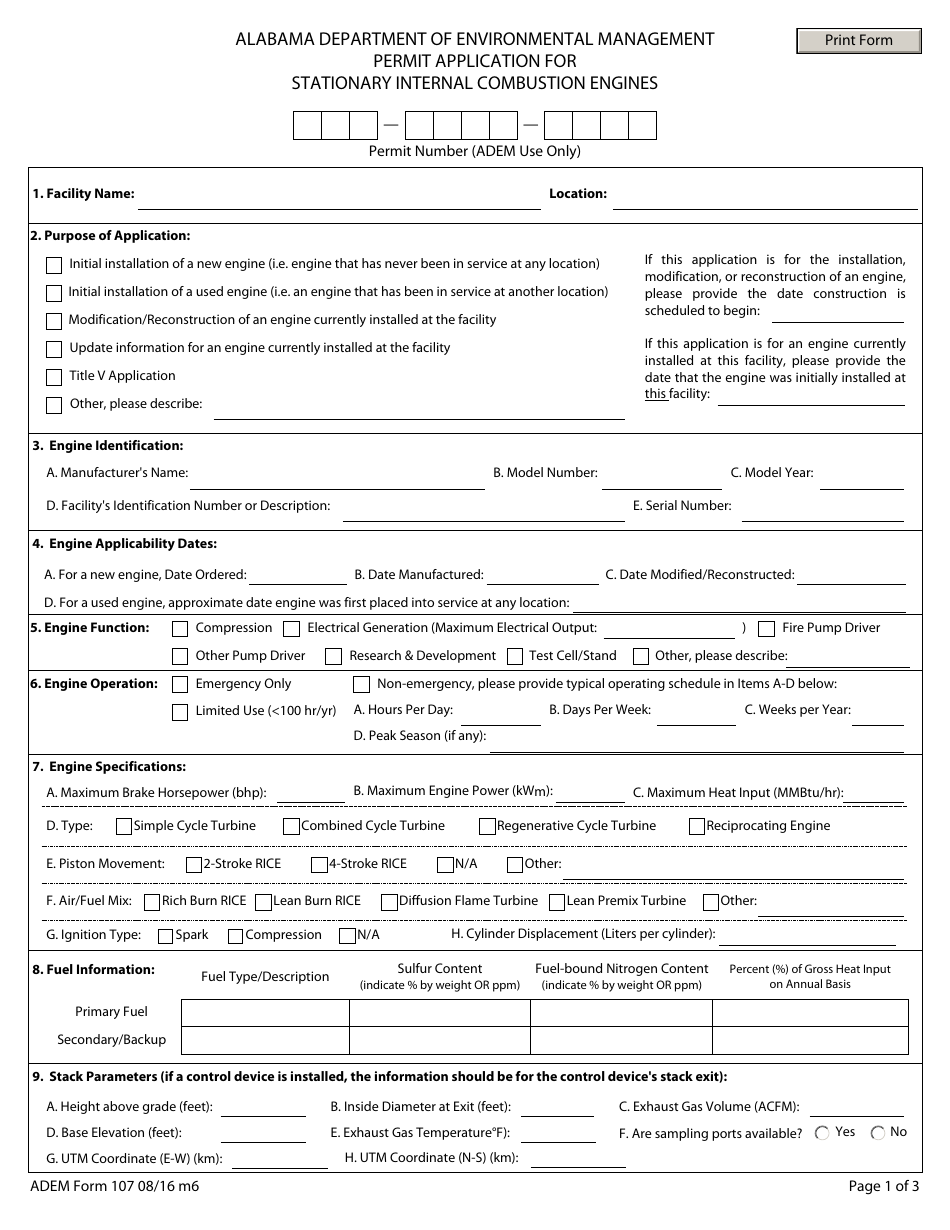 ADEM Form 107 Permit Application for Stationary Internal Combustion Engines - Alabama, Page 2