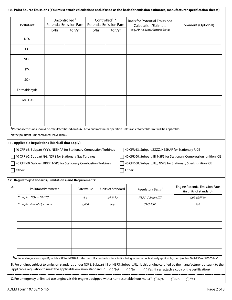 ADEM Form 107 Permit Application for Stationary Internal Combustion Engines - Alabama, Page 3