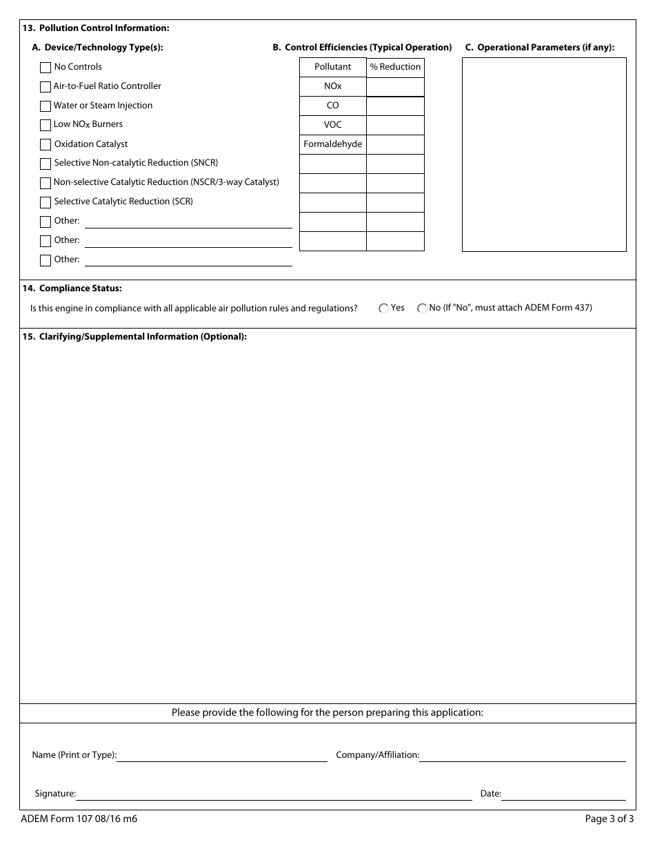 ADEM Form 107 Permit Application for Stationary Internal Combustion Engines - Alabama, Page 4