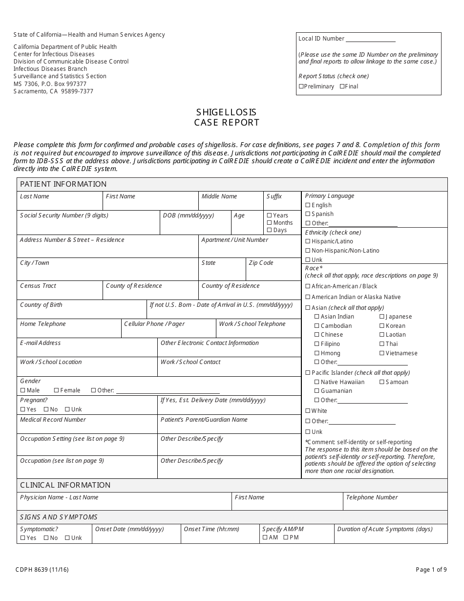 Form CDPH8639 Shigellosis Case Report - California, Page 1