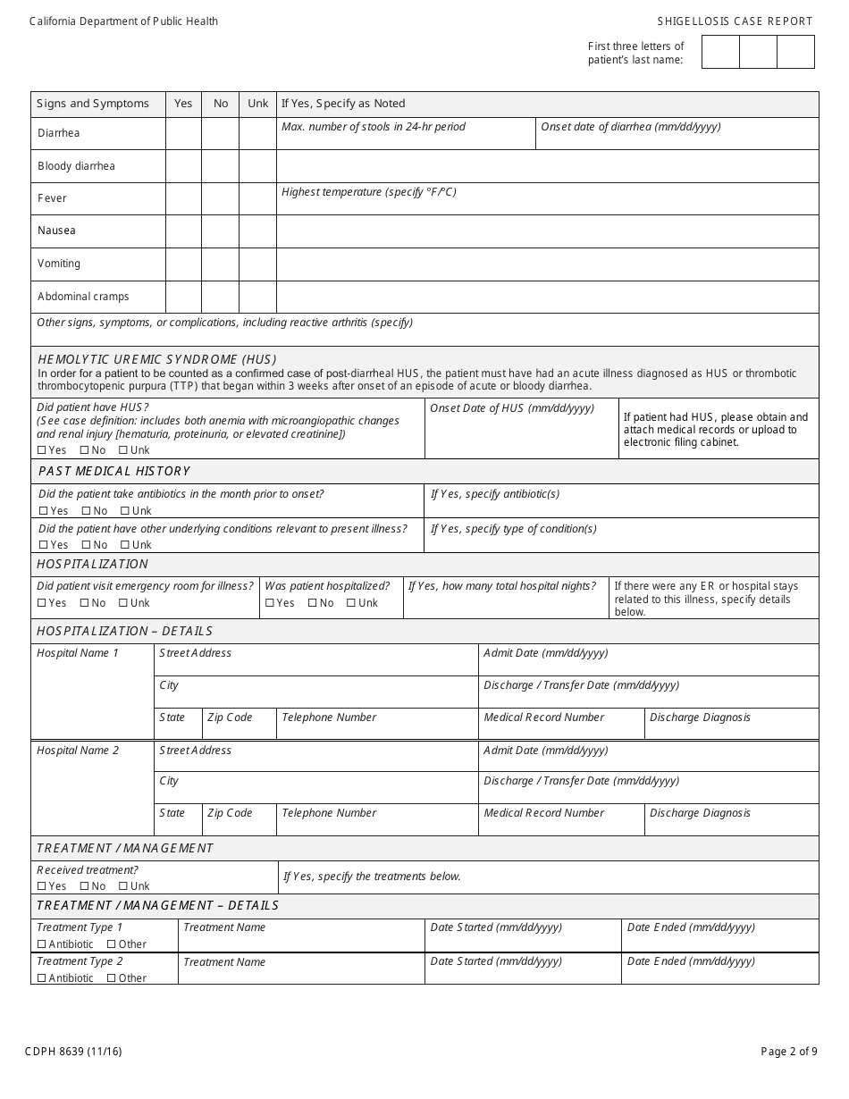 Form CDPH8639 Shigellosis Case Report - California, Page 2