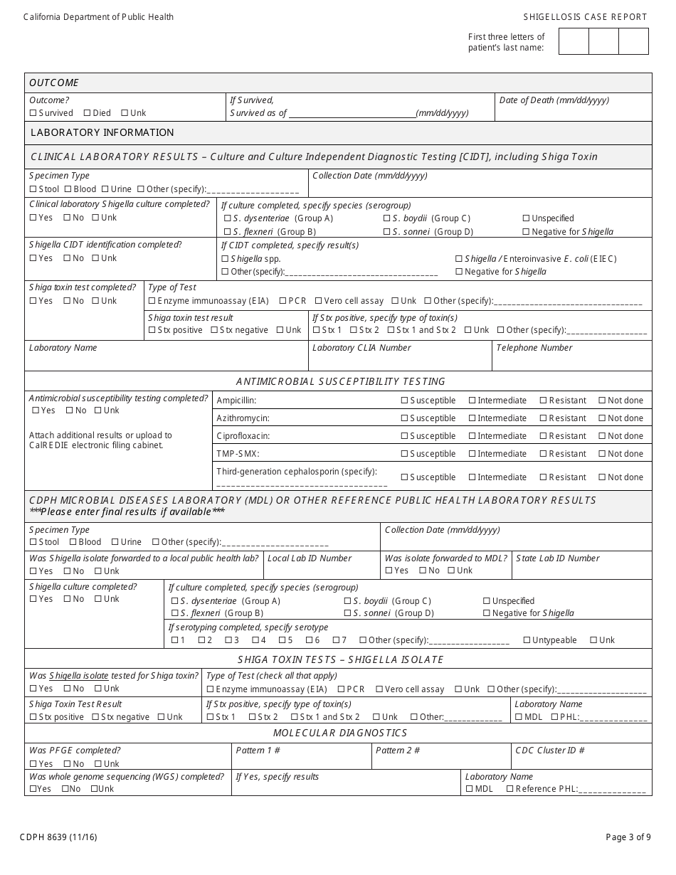 Form CDPH8639 Shigellosis Case Report - California, Page 3