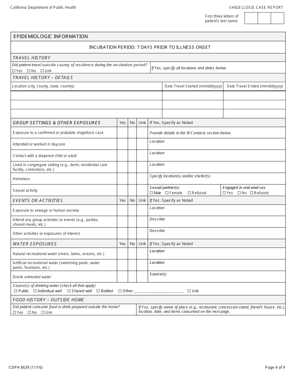 Form CDPH8639 Shigellosis Case Report - California, Page 4