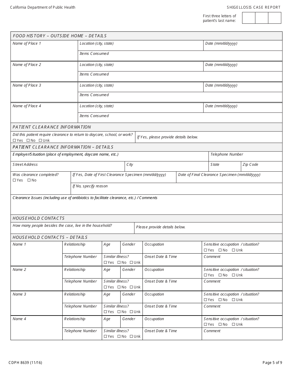 Form CDPH8639 Shigellosis Case Report - California, Page 5