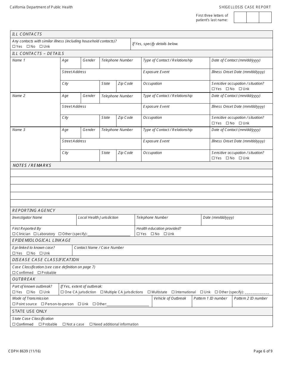 Form CDPH8639 Shigellosis Case Report - California, Page 6