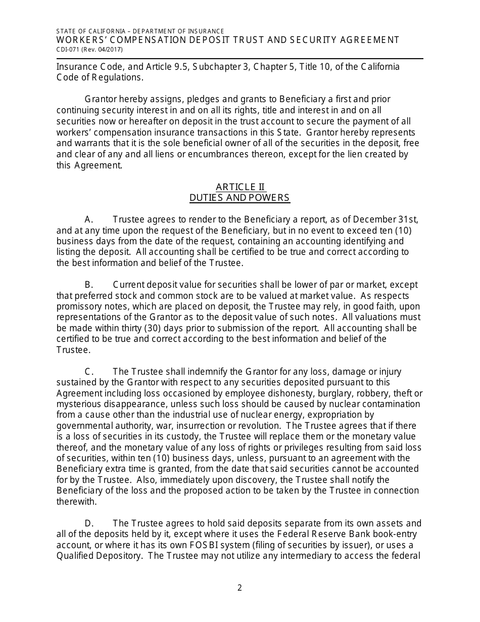 Form CDI-071 Workers Compensation Deposit Trust and Security Agreement - California, Page 2