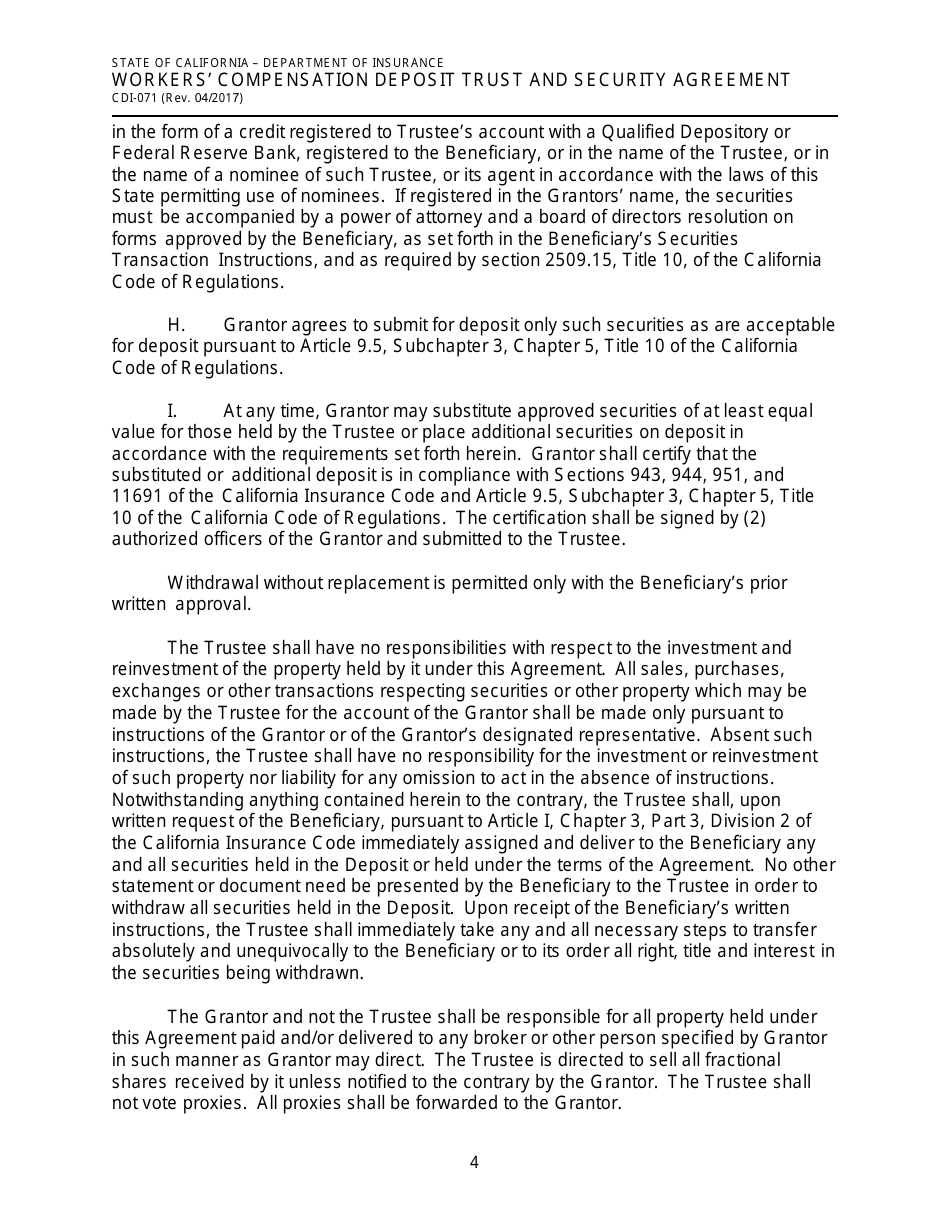 Form CDI-071 Workers Compensation Deposit Trust and Security Agreement - California, Page 4