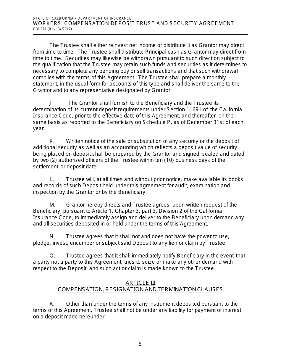 Form CDI-071 Workers Compensation Deposit Trust and Security Agreement - California, Page 5