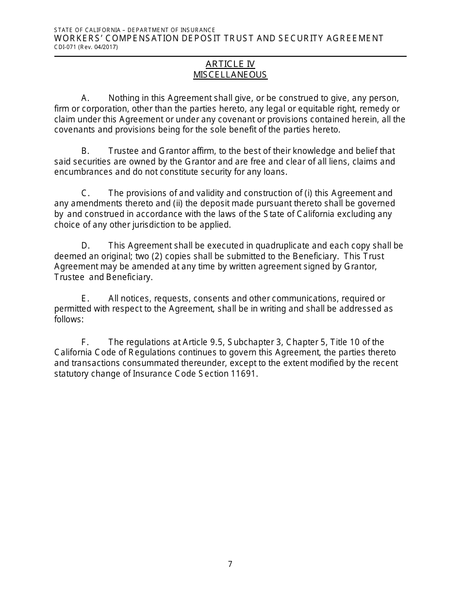 Form CDI-071 Workers Compensation Deposit Trust and Security Agreement - California, Page 7
