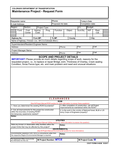 CDOT Form 463M Maintenance Project - Request Form - Colorado