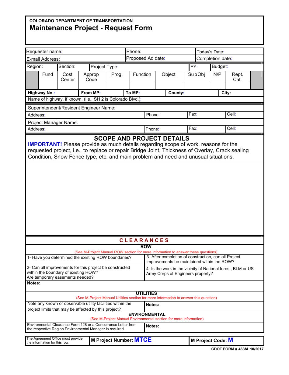 CDOT Form 463M Maintenance Project - Request Form - Colorado, Page 1