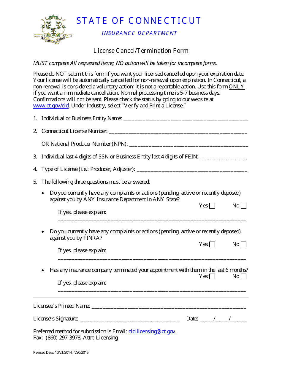 License Cancel / Termination Form - Connecticut, Page 1