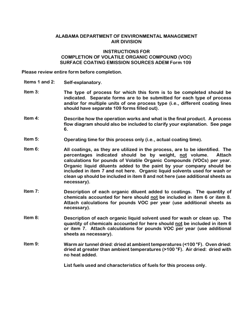 ADEM Form 109 Permit Application for Volatile Organic Compound (VOC) Surface Coating Emission Sourses - Alabama