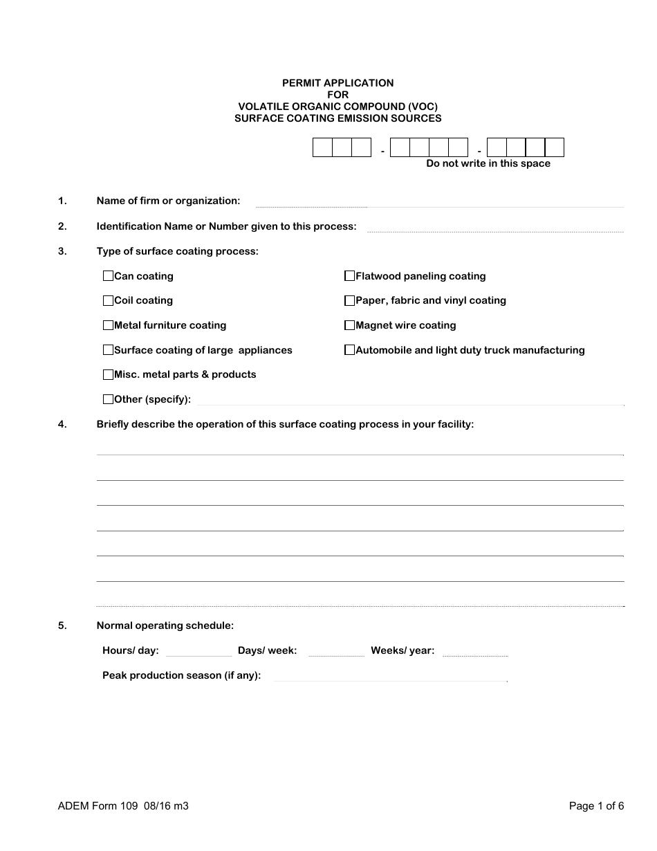ADEM Form 109 Permit Application for Volatile Organic Compound (VOC) Surface Coating Emission Sourses - Alabama, Page 3