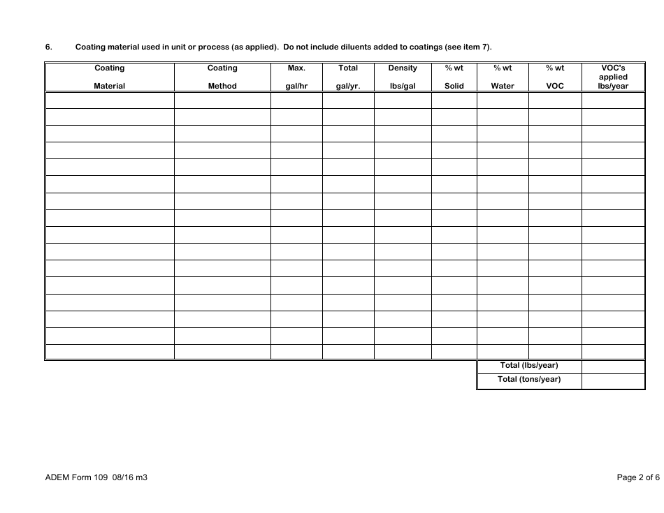 ADEM Form 109 Permit Application for Volatile Organic Compound (VOC) Surface Coating Emission Sourses - Alabama, Page 4