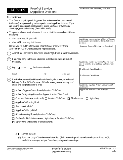 Form APP-109 Proof of Service (Appellate Division) - California