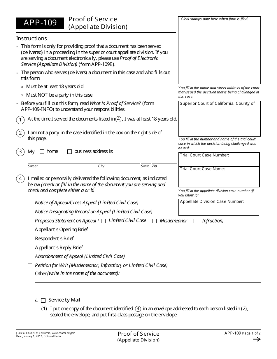 Form APP-109 Proof of Service (Appellate Division) - California, Page 1