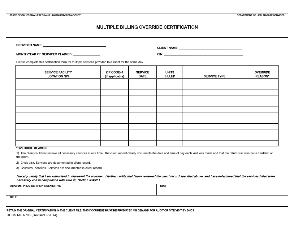 Form DHCS6700 Multiple Billing Override Certification - California, Page 1