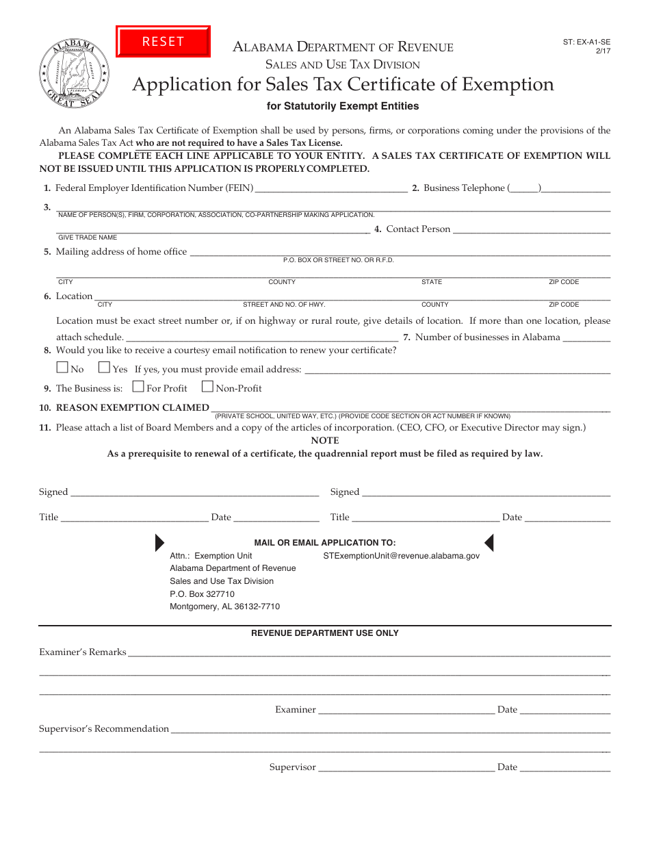 Form ST: EX-A1-SE Application for Sales Tax Certificate of Exemption for Statutorily Exempt Entities - Alabama, Page 1
