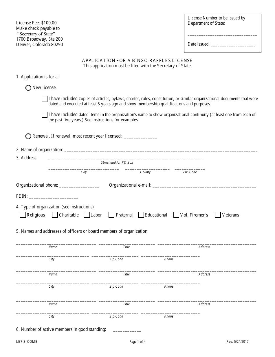 Form LE7-8_COMB Application for a Bingo-Raffles License - Colorado, Page 1